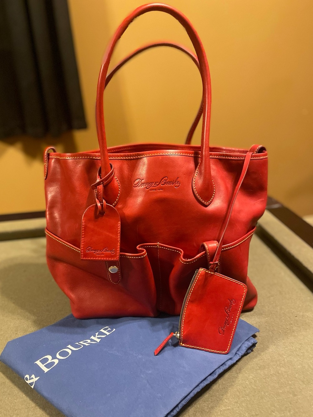 Dooney & Bourke Red Florentine Vacchetta Leather Tote with Pockets